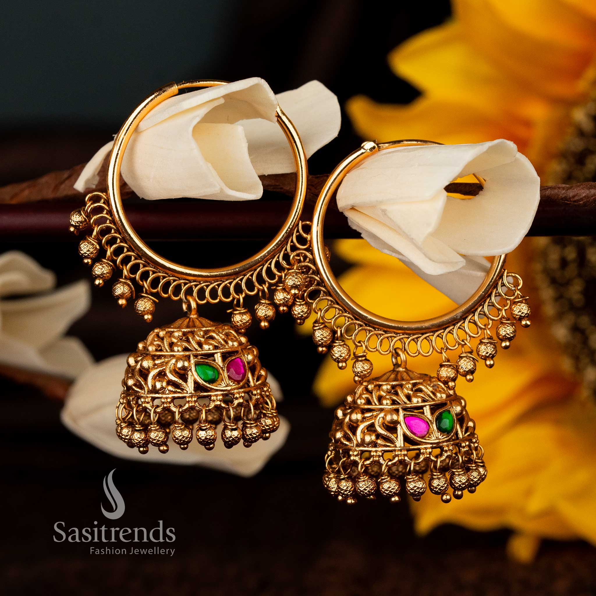 traditional-ruby-green-jhumka-earrings-golden-balls - Sasitrends