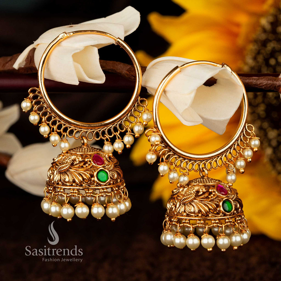 Traditional hoop earrings with ruby-green stones and pearl ball dangles - Sasitrends