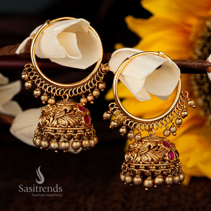 Ruby hoop earrings with intricate jhumka and golden ball dangles - Sasitrends