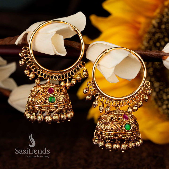 Traditional hoop earrings with ruby-green stones and gold ball dangles - Sasitrends