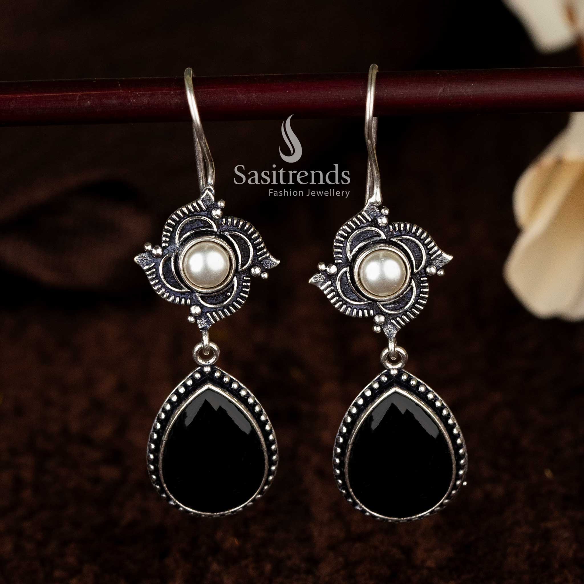 Classic black stone oxidised earrings with teardrop and pearl accents - Sasitrends