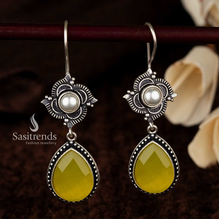 Fashionable yellow stone earrings with pearl and oxidised detailing - Sasitrends