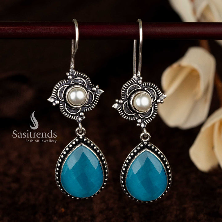 Sky blue gemstone earrings with intricate oxidised and pearl details - Sasitrends