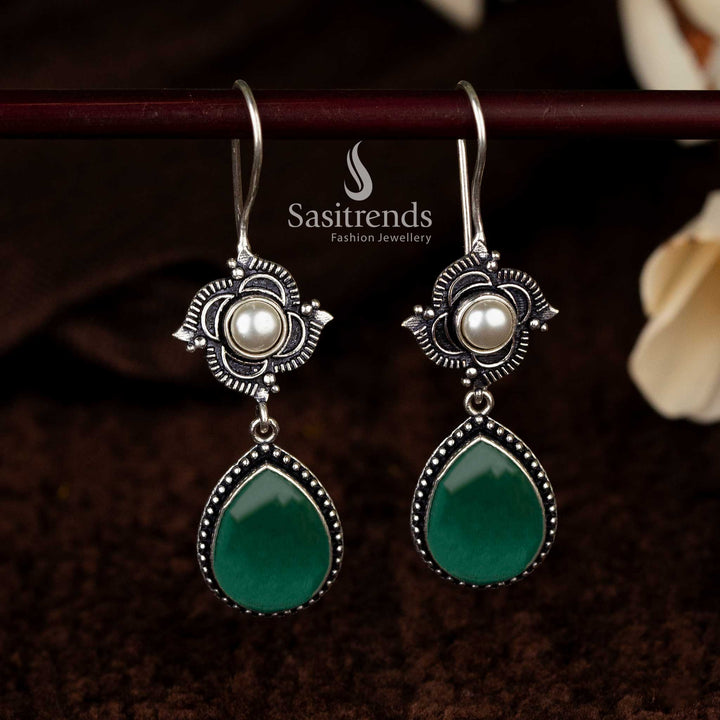 Oxidised earrings featuring mint teardrop and floral accents - Sasitrends