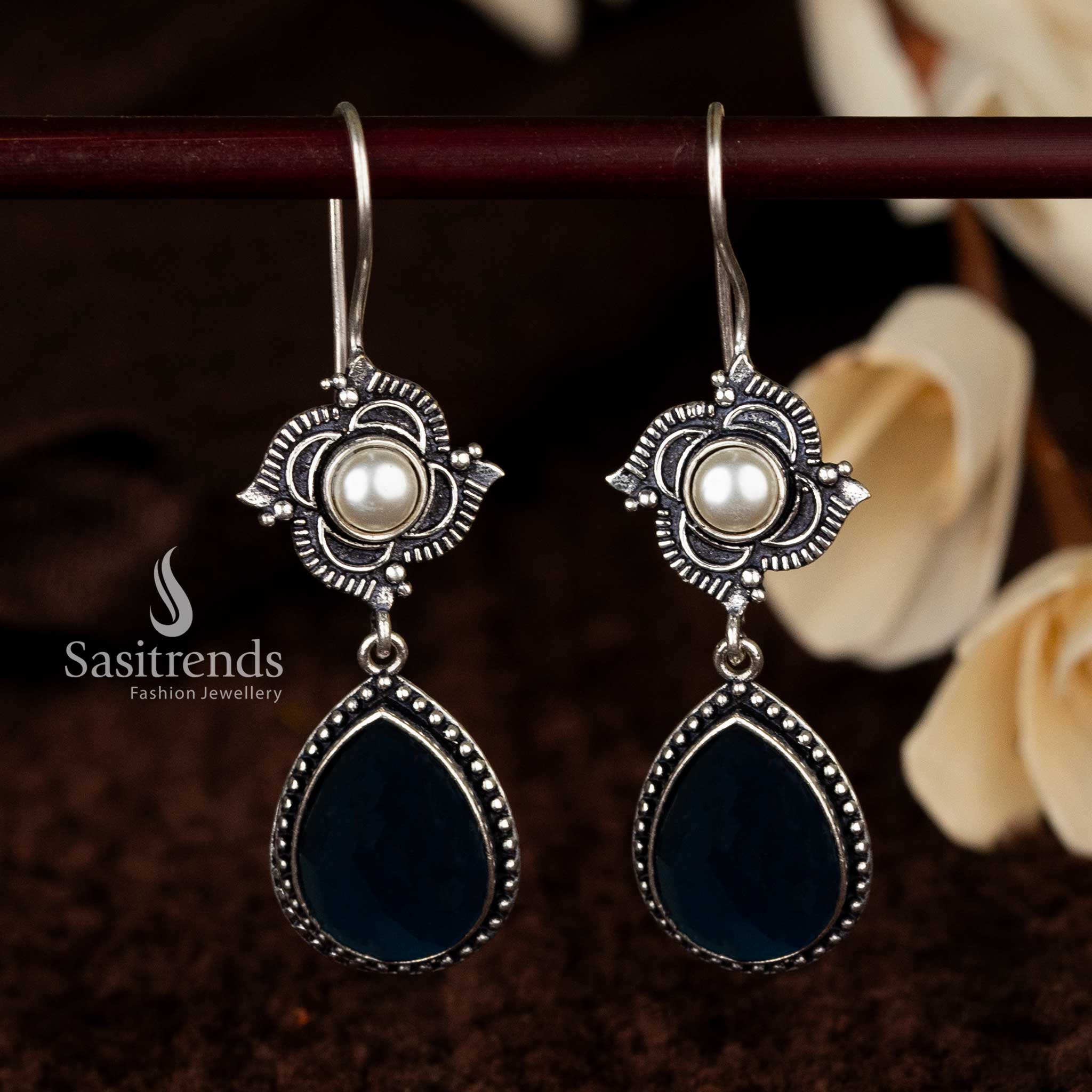 Fashion-forward oxidised earrings with blue gemstone and pearl - Sasitrends