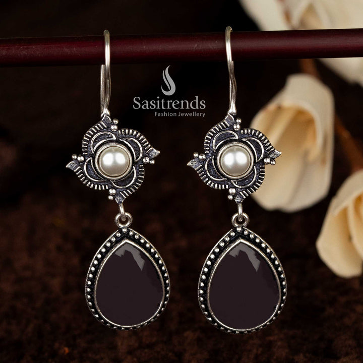 Elegant violet stone earrings with vintage oxidised finish - Sasitrends