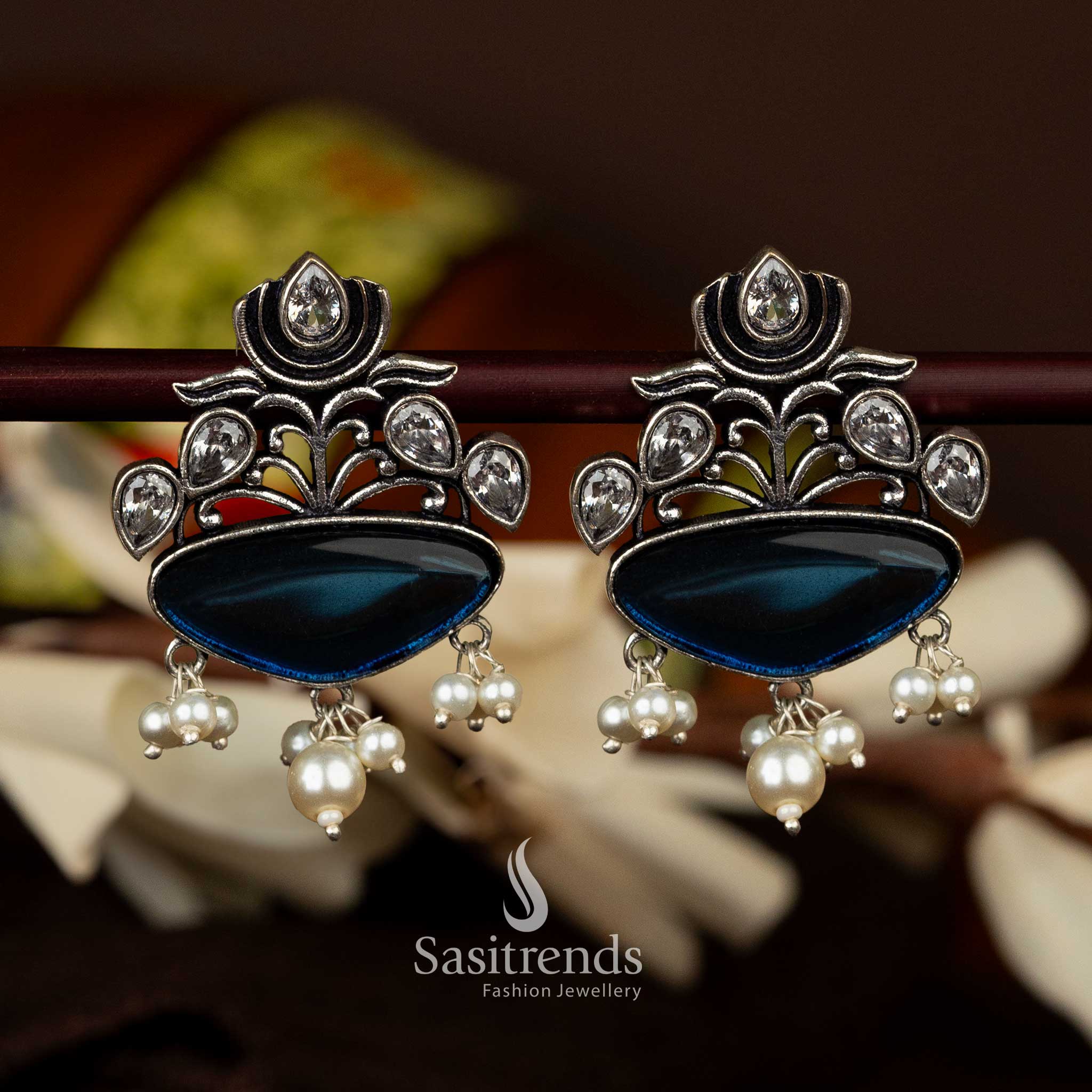 Elegant oxidised silver lotus earrings with blue and white teardrop and pearls - Sasitrends