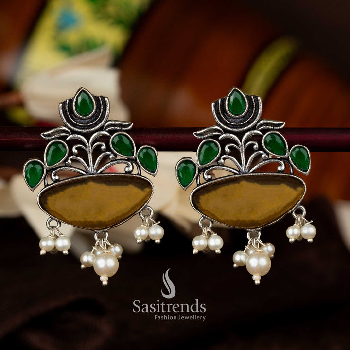 Yellow and Green oxidised silver lotus earrings with teardrop design and pearls - Sasitrends