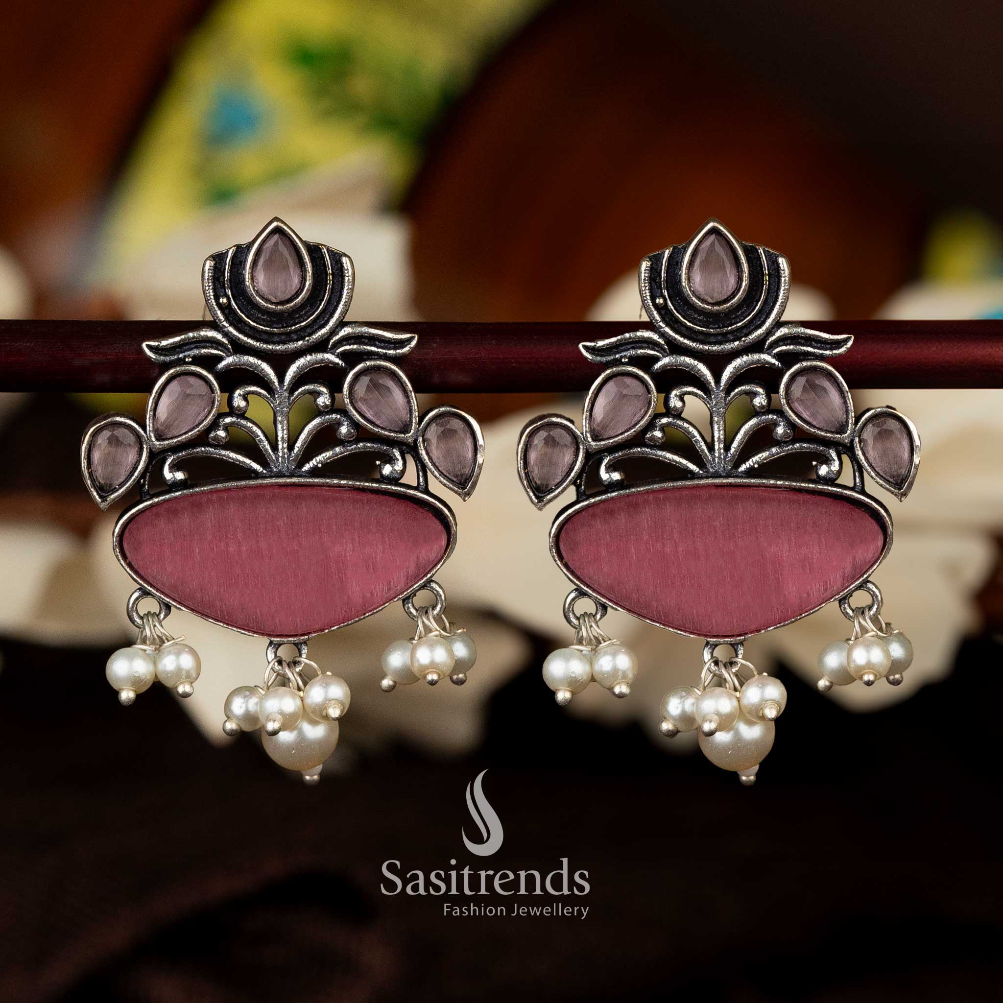 Pink oxidised silver lotus earrings with pearl accents - Sasitrends