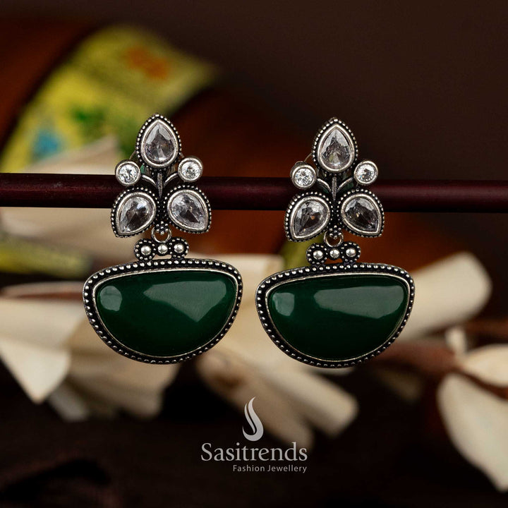 Oxidised silver earrings with green half-moon stone and floral accents - Sasitrends