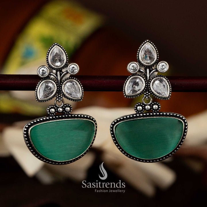 Oxidised silver earrings with mint half-moon and lotus design - Sasitrends