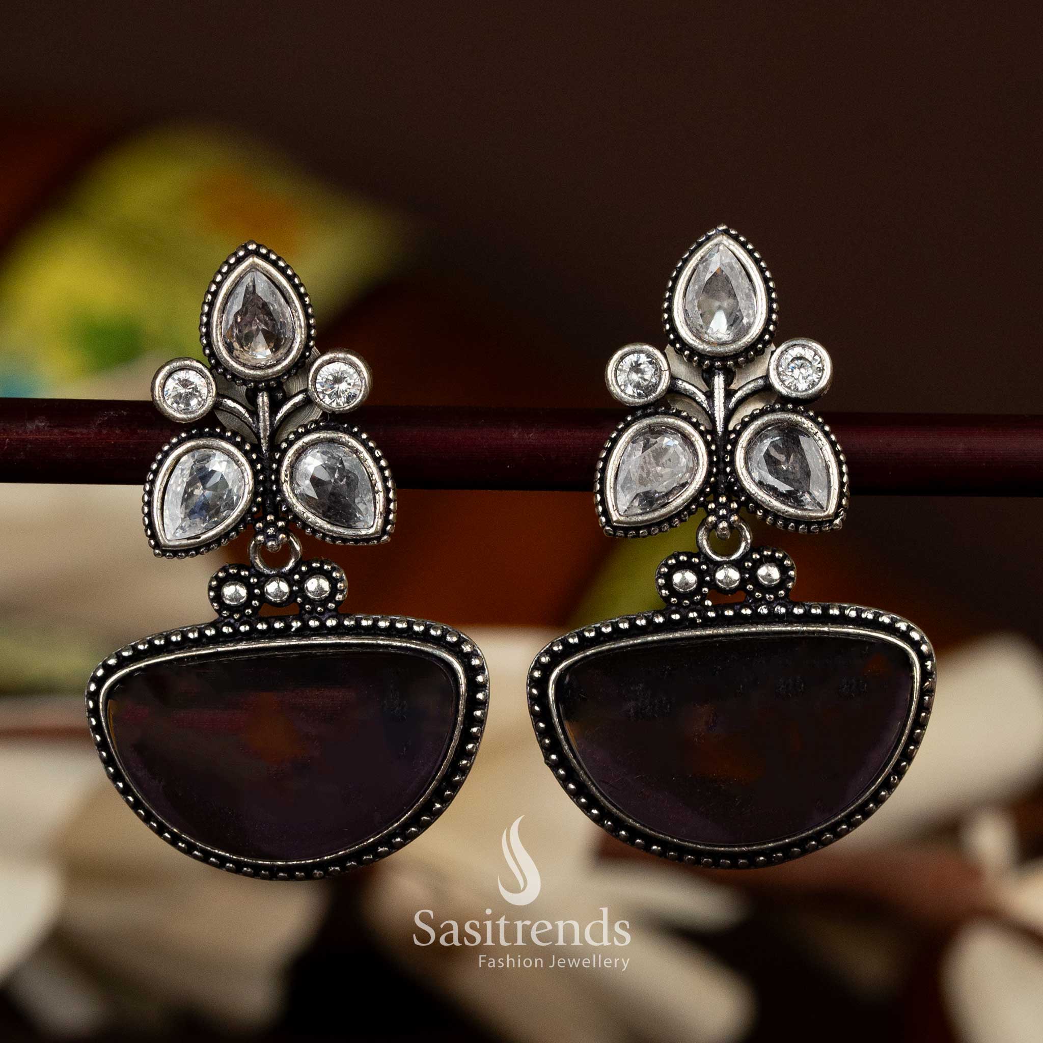 Oxidised silver earrings with violet half-moon drop and lotus accents - Sasitrends