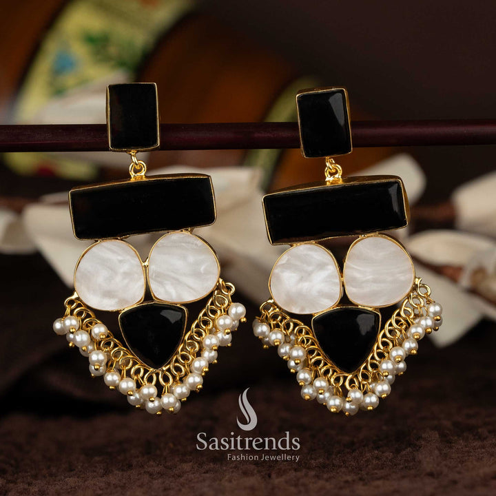 Liana Gold Plated Black Mother of Pearl Dangle Earrings with Pearls - Sasitrends