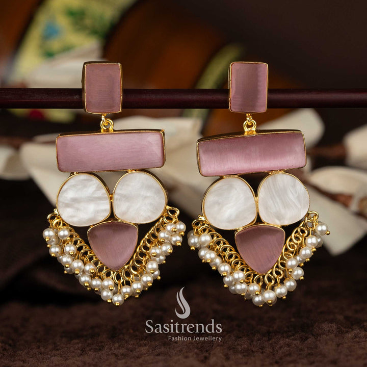 Liana Gold Plated Pink Mother of Pearl Dangle Earrings with Pearls - Sasitrends