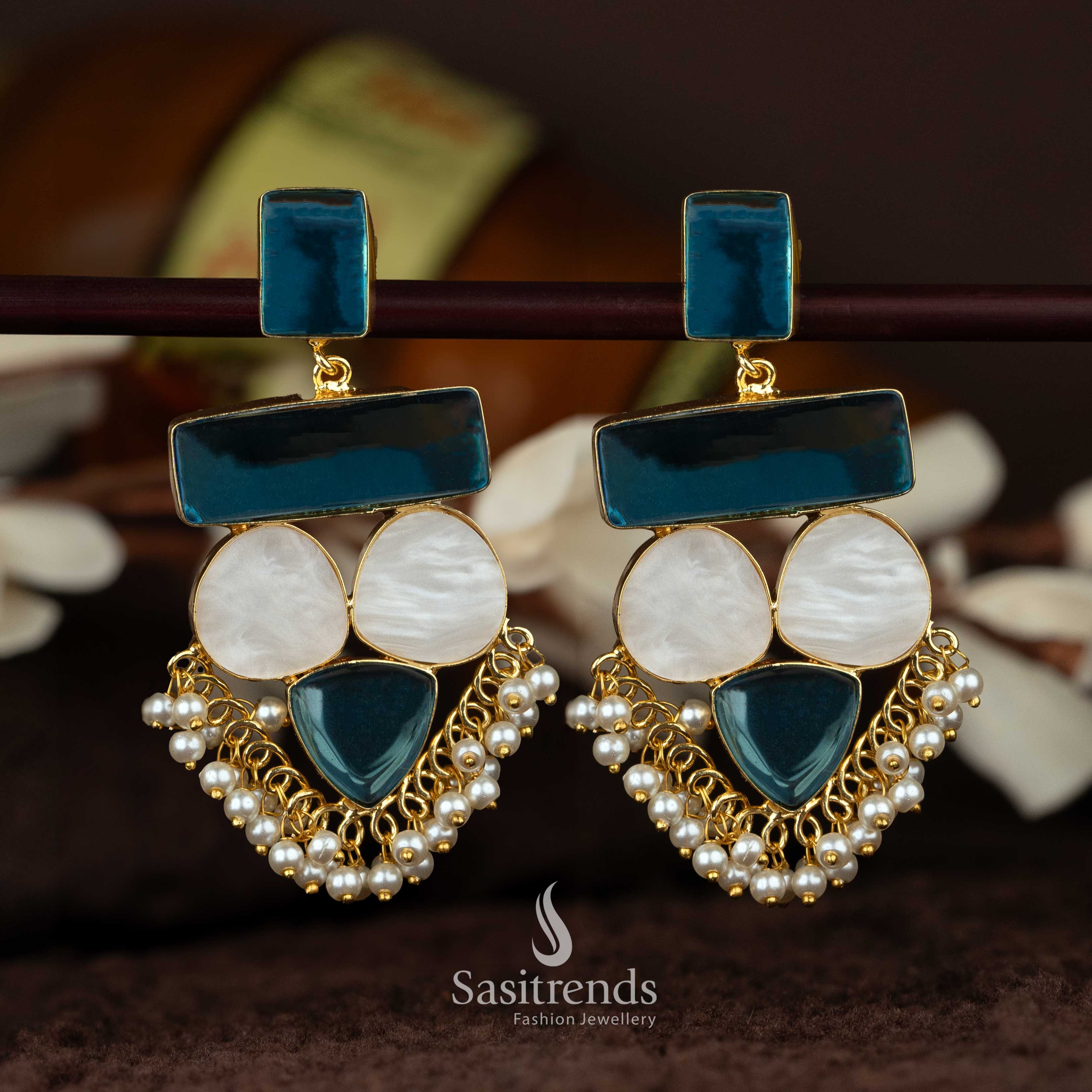 Liana Gold Plated Sky blue Mother of Pearl Dangle Earrings with Pearls - Sasitrends