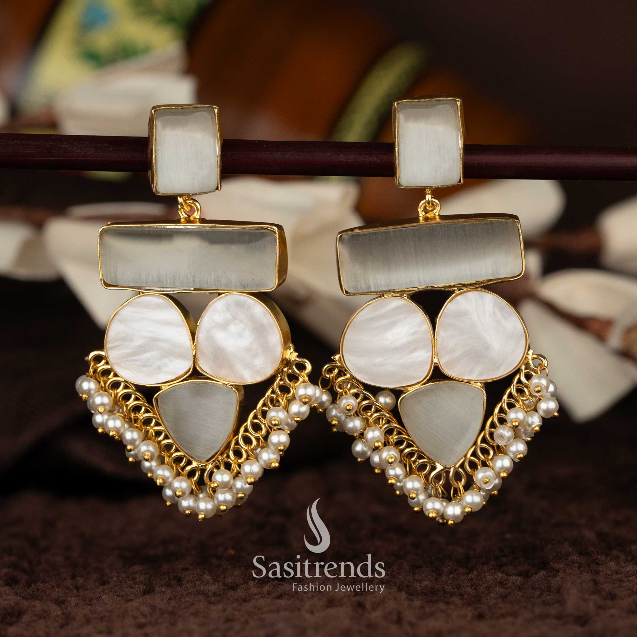 Liana Gold Plated White Mother of Pearl Dangle Earrings with Pearls - Sasitrends