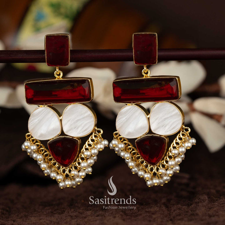 Liana Gold Plated Maroon Mother of Pearl Dangle Earrings with Pearls - Sasitrends