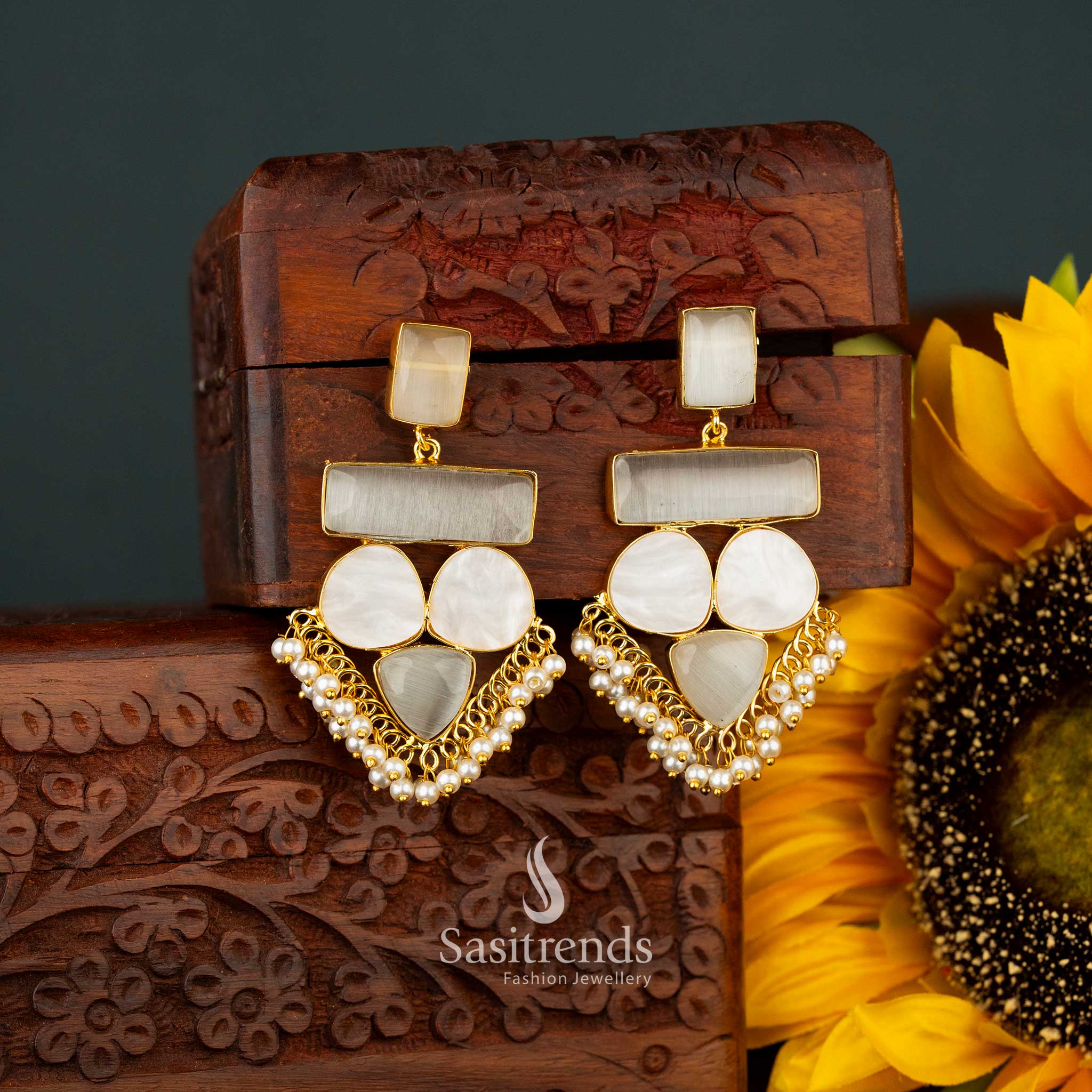 Liana Gold Plated white Mother of Pearl Dangle Earrings with Pearls - Sasitrends