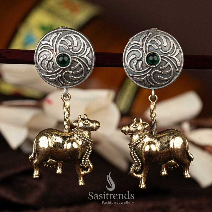 Dual-tone oxidised earrings with Nandi design in green stone - Sasitrends  