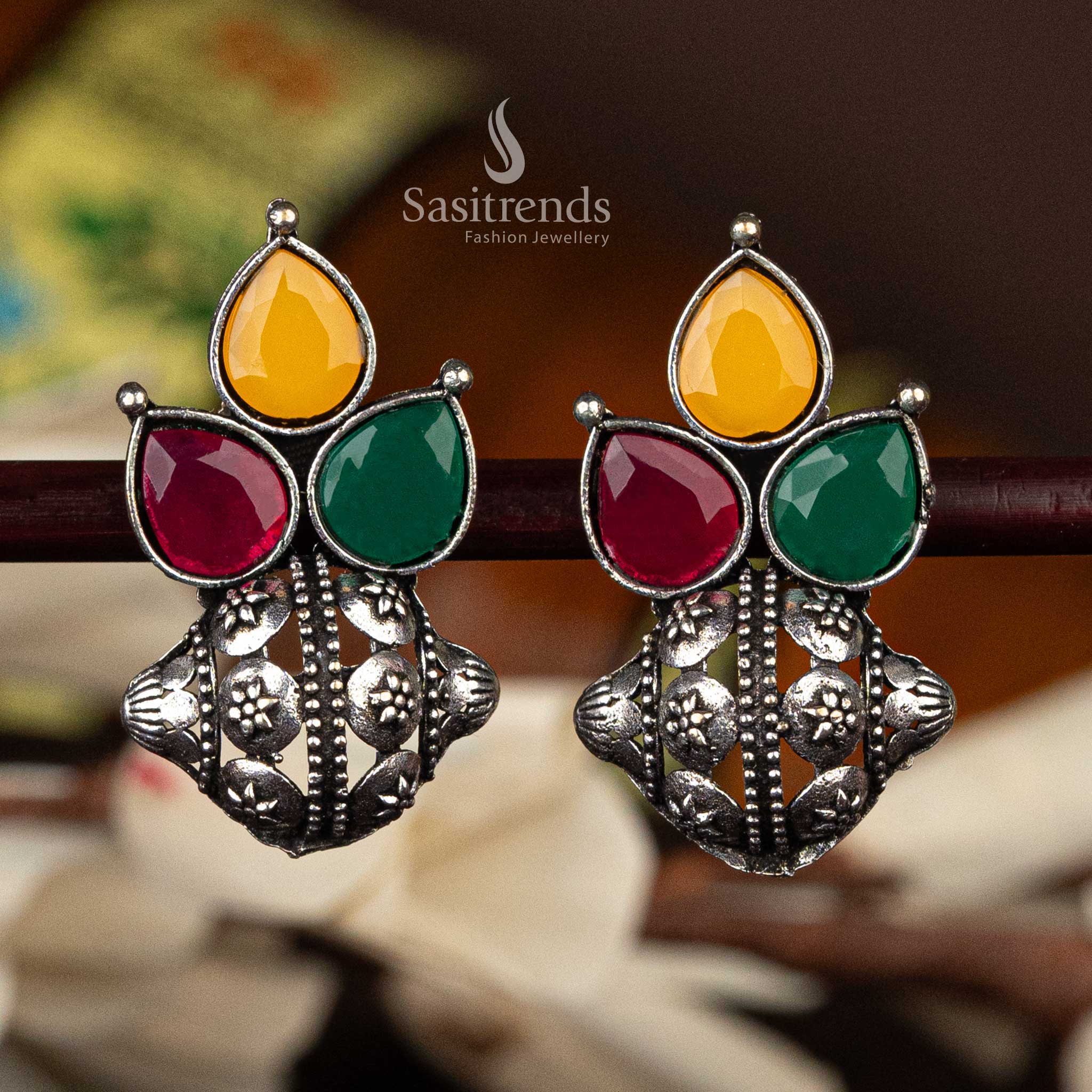 Oxidised silver earrings with yellow, red, and green pear-shaped stones  - Sasitrends