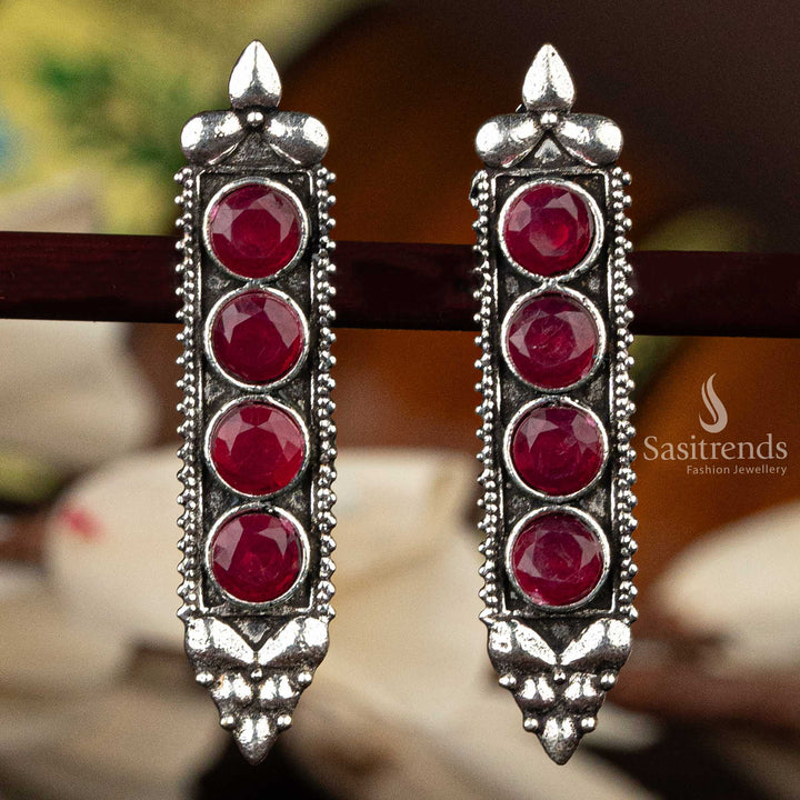 Long oxidised silver earrings with bold red gemstones  - Sasitrends