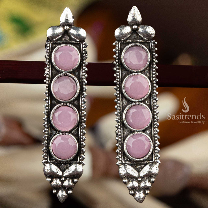 Pink stone oxidised silver earrings with beaded border  - Sasitrends