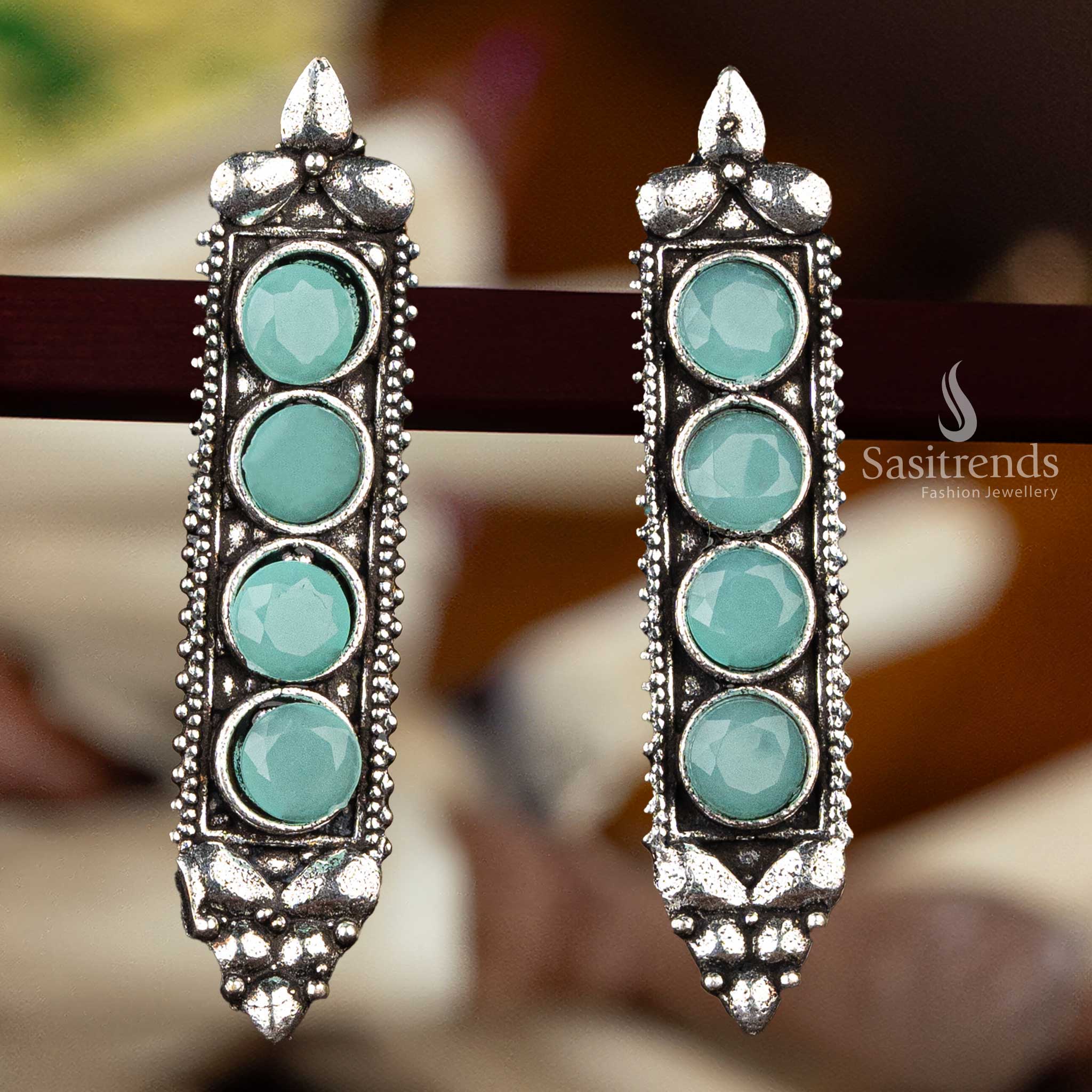 Mint oxidised silver earrings with textured frame  - Sasitrends