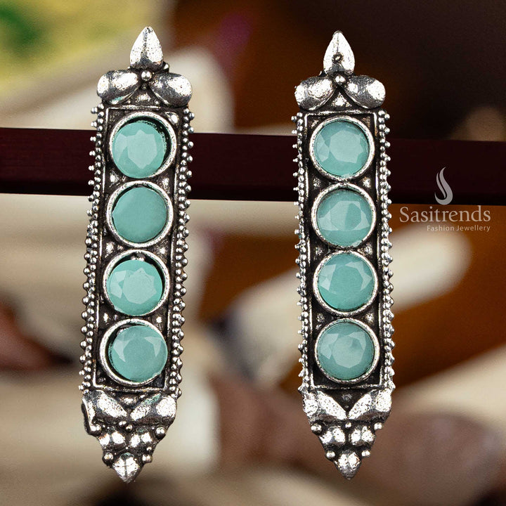 Mint oxidised silver earrings with textured frame  - Sasitrends