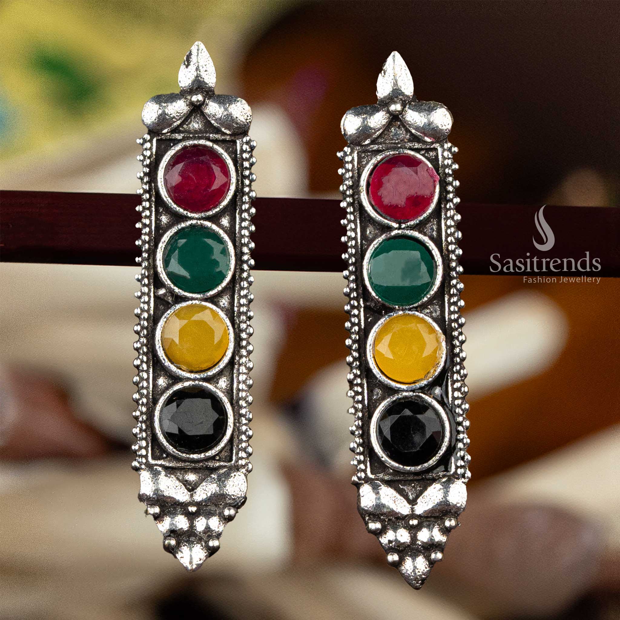 Multicolor oxidised silver earrings with red, green, yellow, and black stones  - Sasitrends