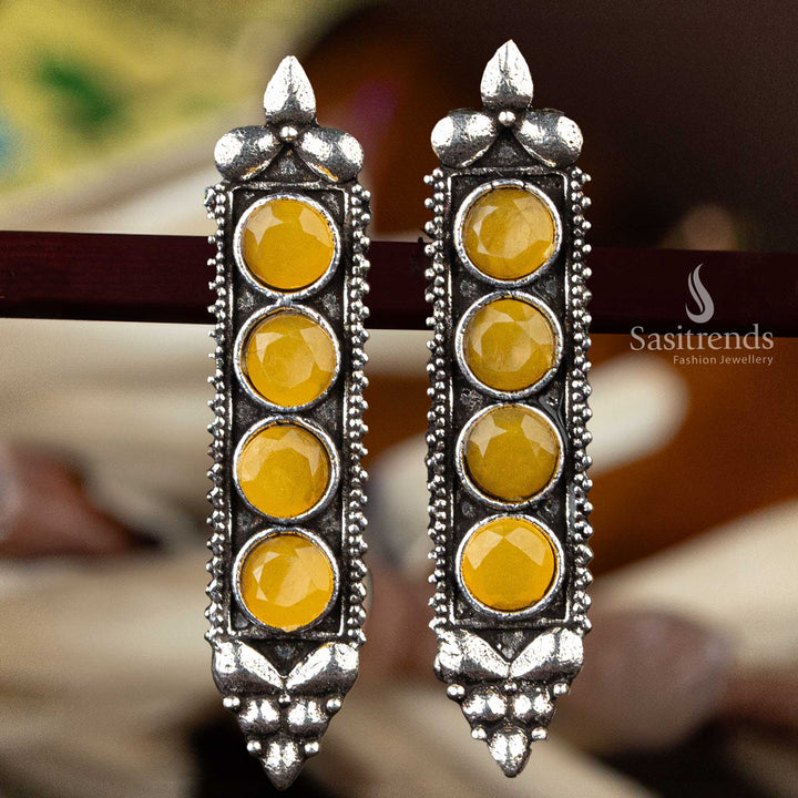 Yellow gemstone oxidised silver earrings with unique pattern  - Sasitrends