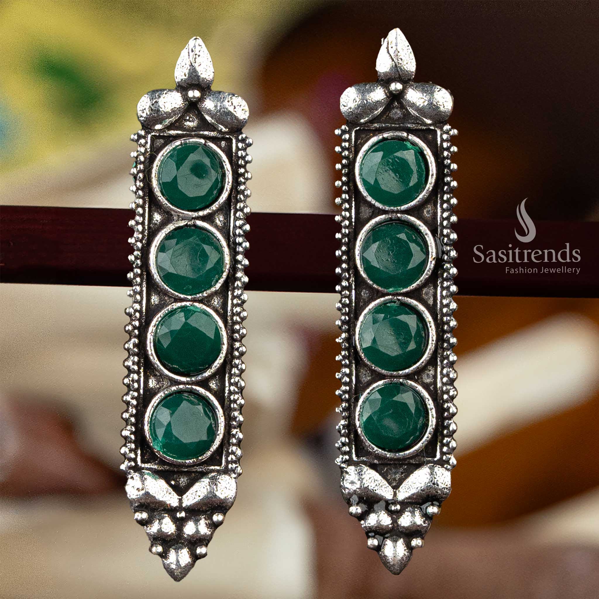 Green gemstone oxidised silver earrings with floral top detail  - Sasitrends