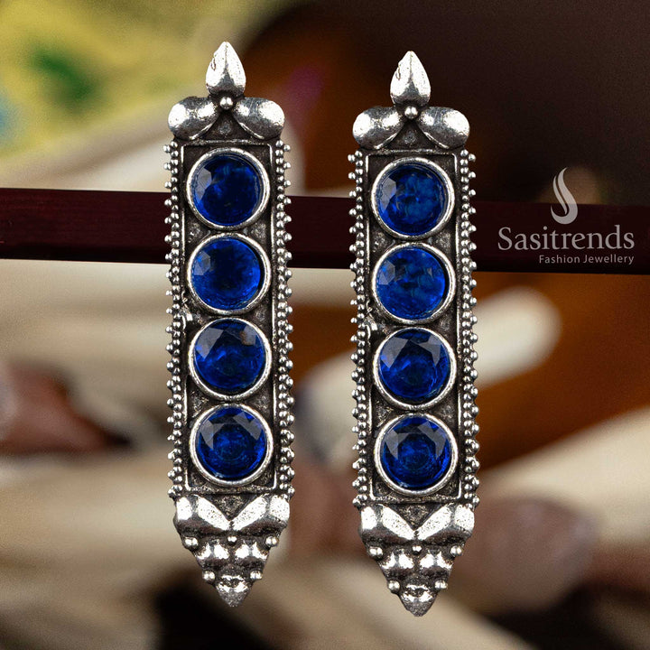 Blue stone oxidised silver earrings in vertical design  - Sasitrends