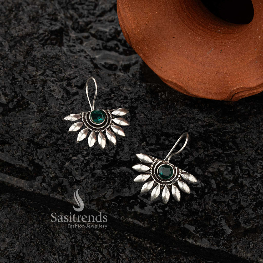 Green stone fan motif oxidised silver earrings with marquise pattern - Sasitrends