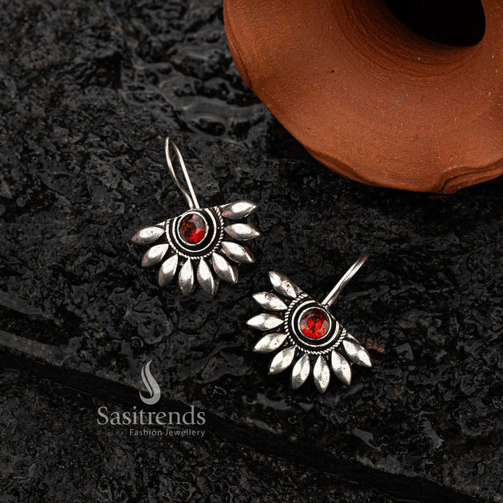 Oxidised silver earrings with red gemstone and fan-shaped marquise design - Sasitrends