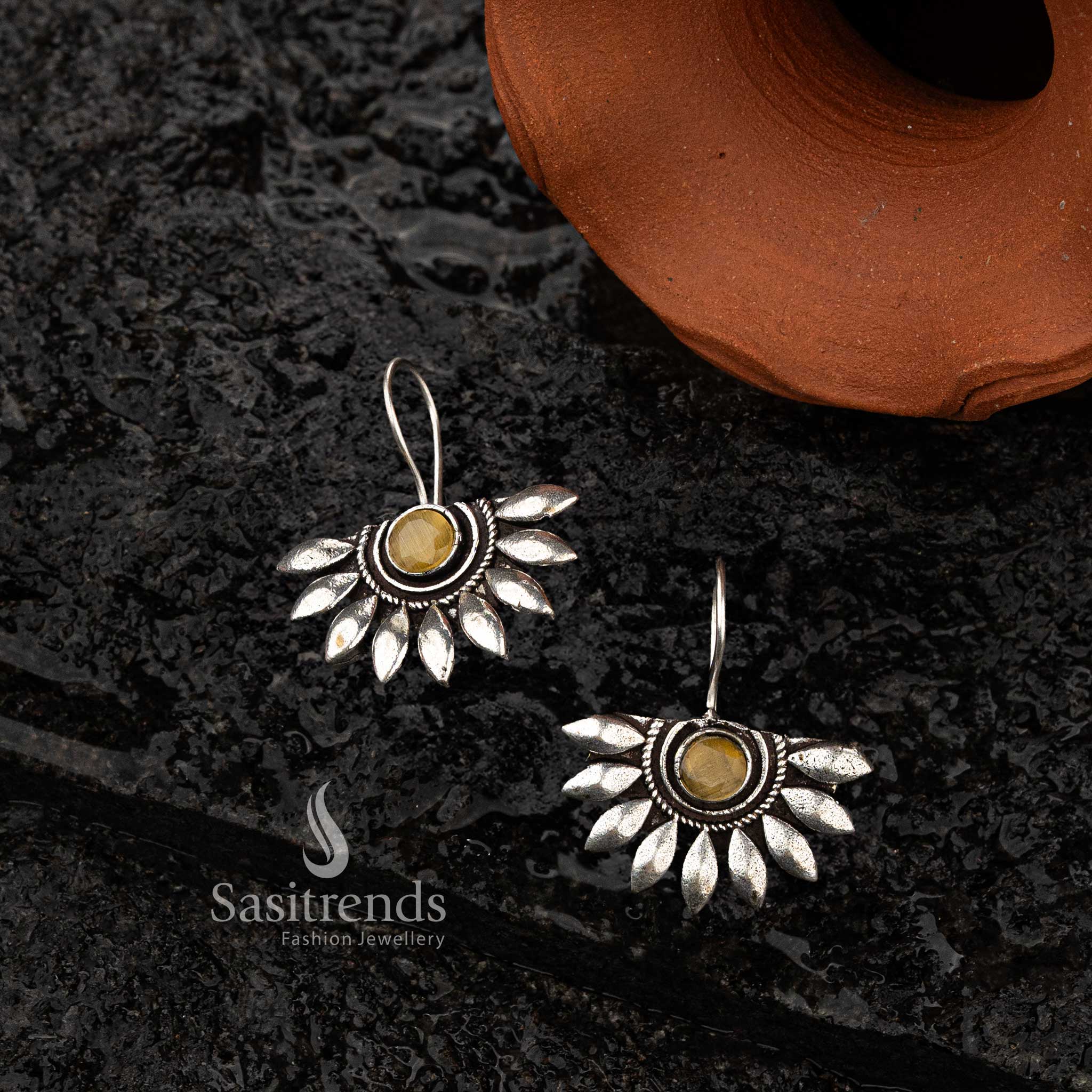 Yellow stone fan design oxidised earrings with marquise details - Sasitrends