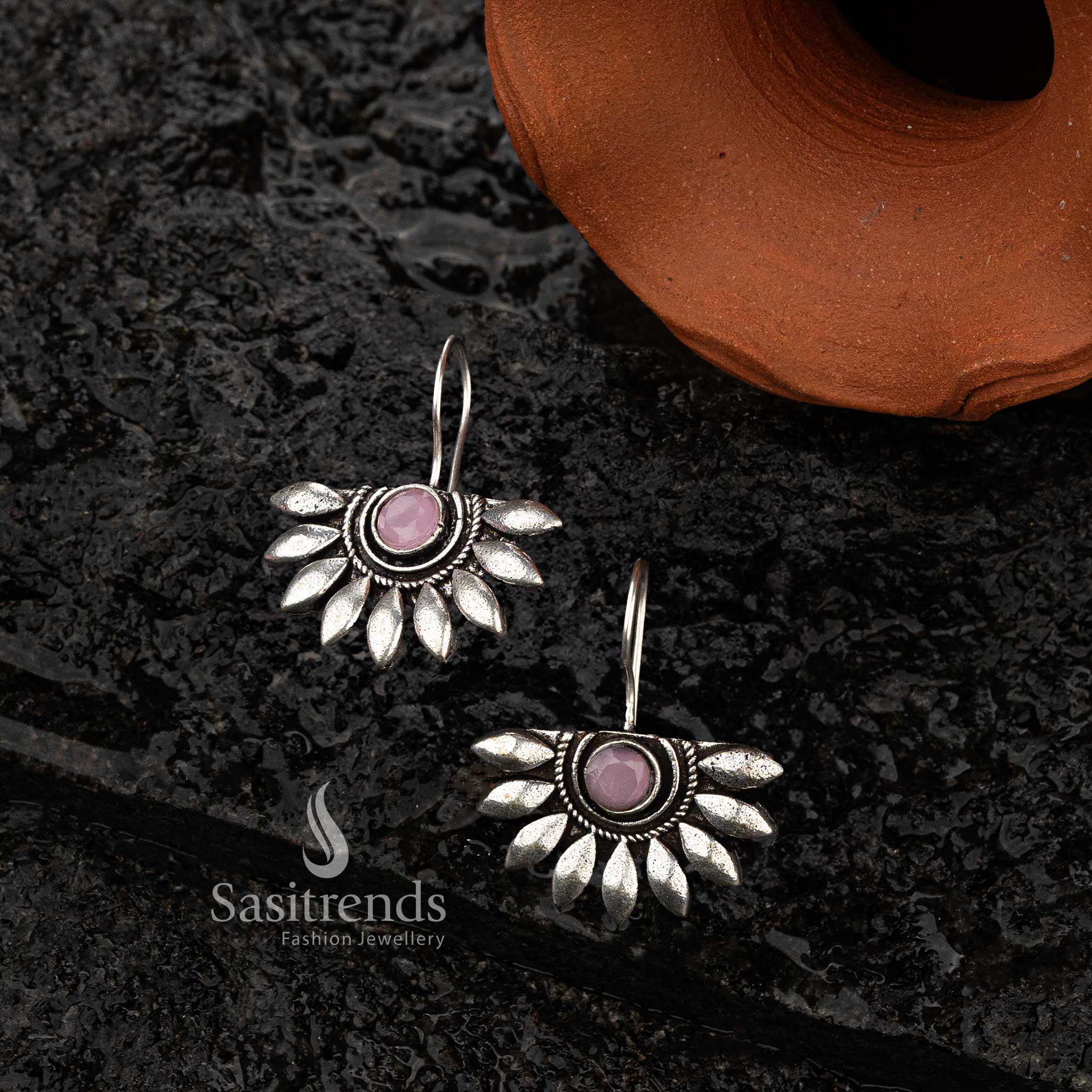 Pink gemstone fan shape oxidised silver earrings - Sasitrends