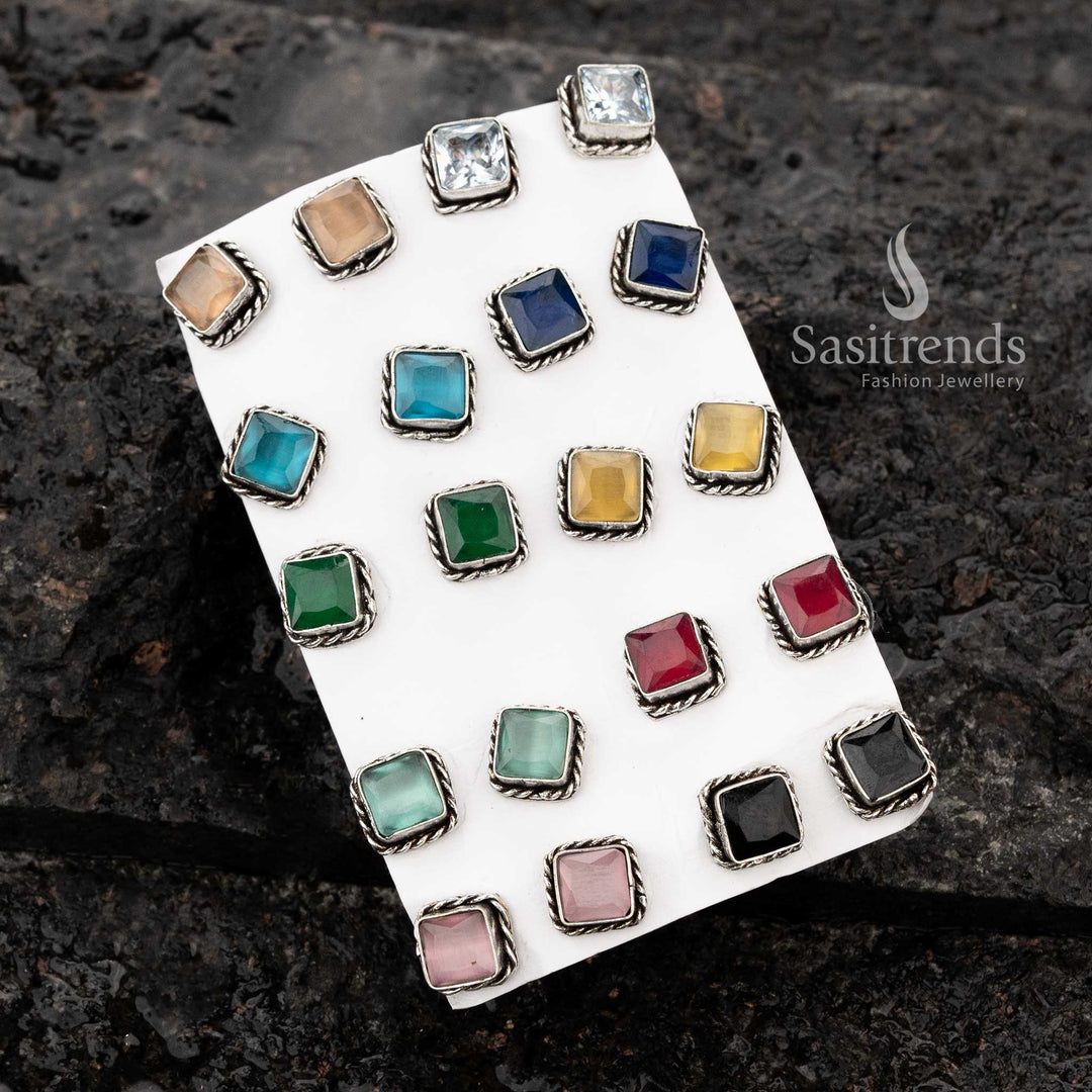 Colorful oxidised square stud earrings set for everyday wear - Sasitrends