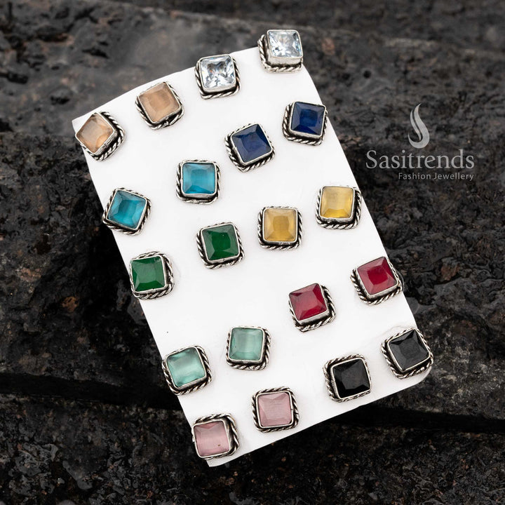 Stunning Square-Shaped Multi-Color Oxidised Stud Earrings Set - Sasitrends