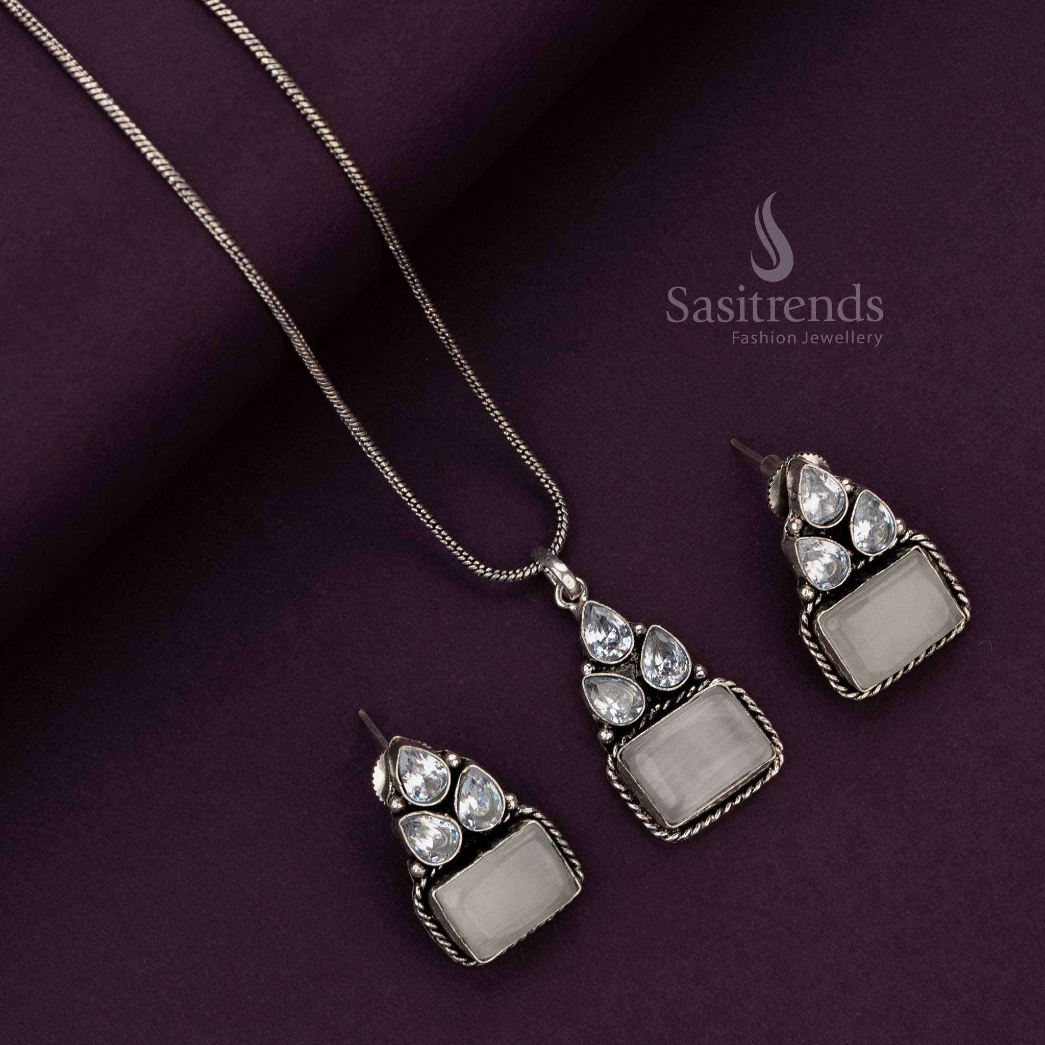 Unique white stone oxidised pendant chain set with intricate design - Sasitrends