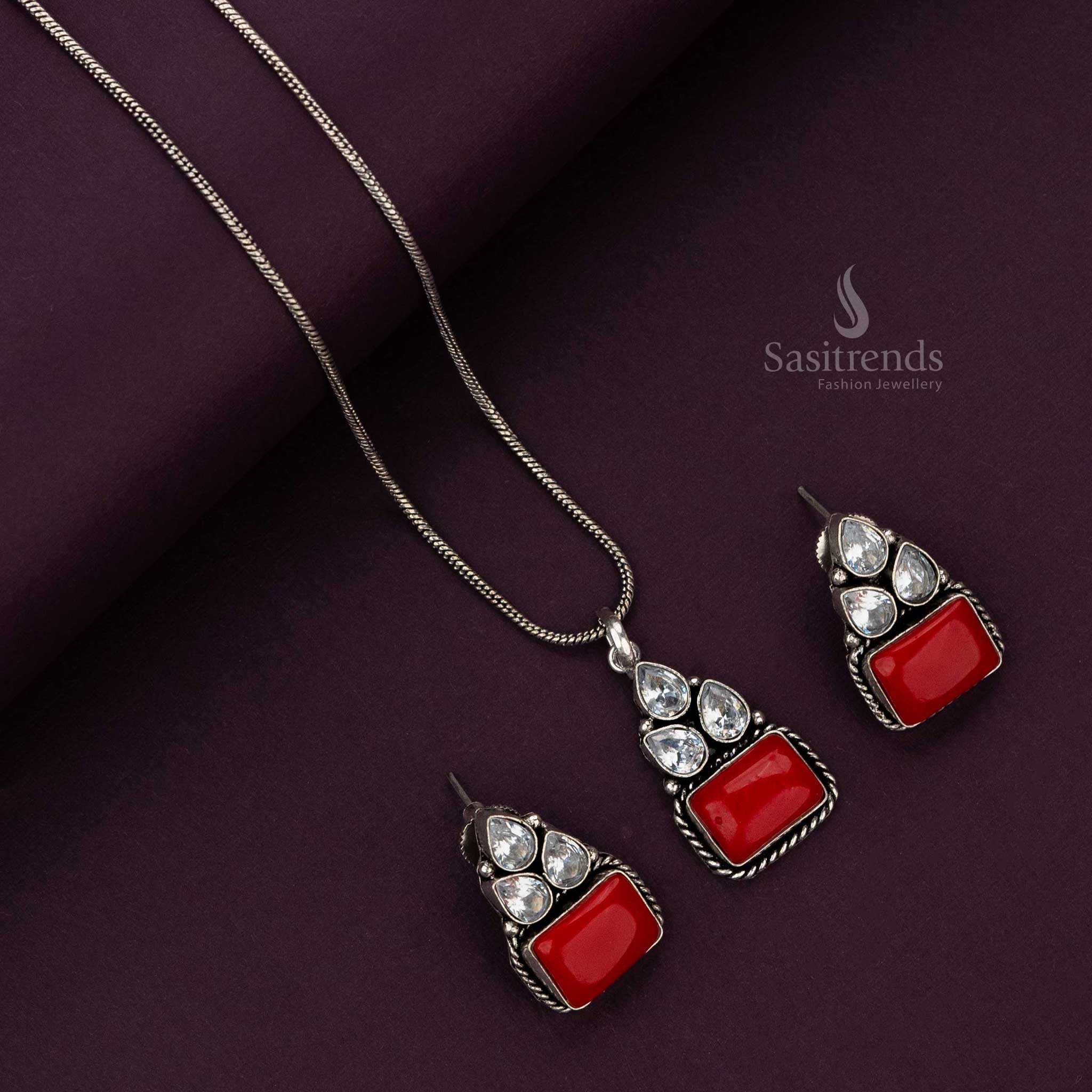 Red stone pendant chain jewellery set with oxidised finish - Sasitrends