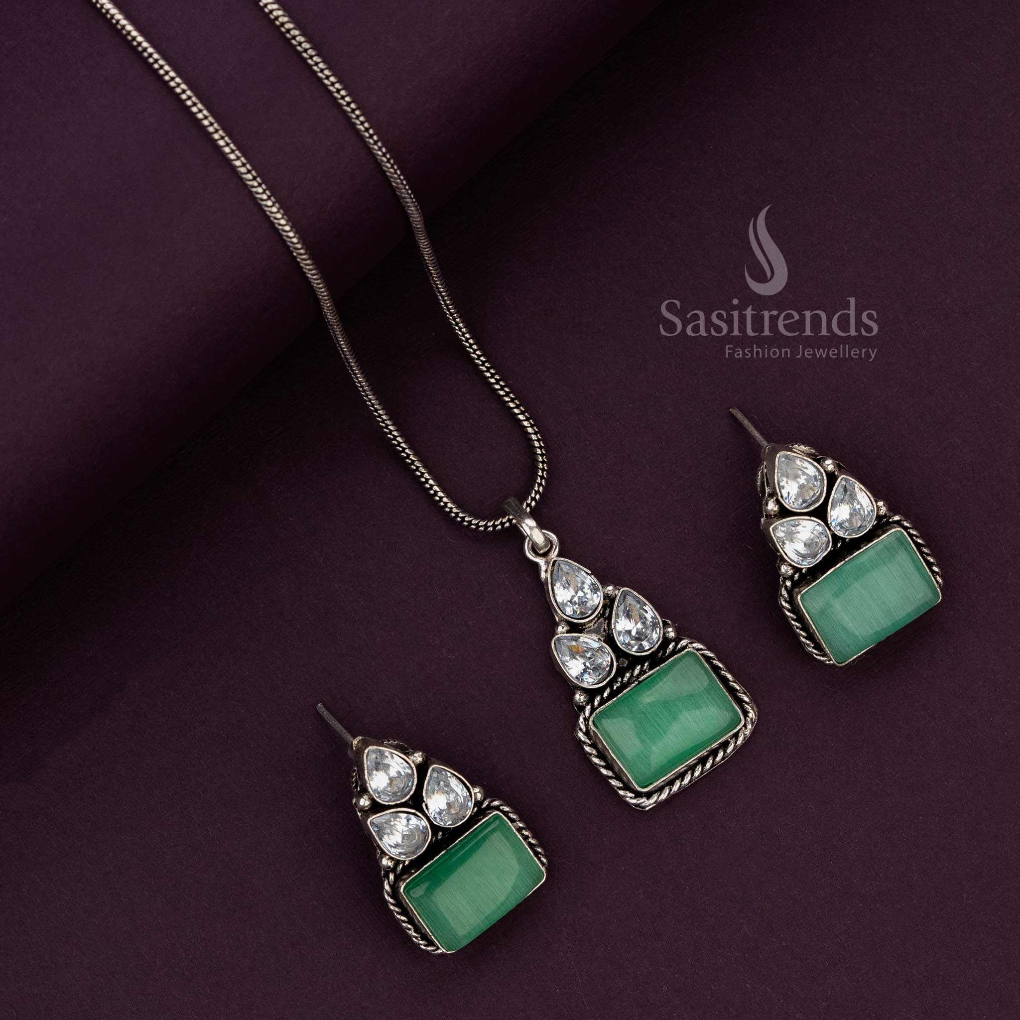 Unique Mint stone oxidised pendant chain set with intricate design - Sasitrends