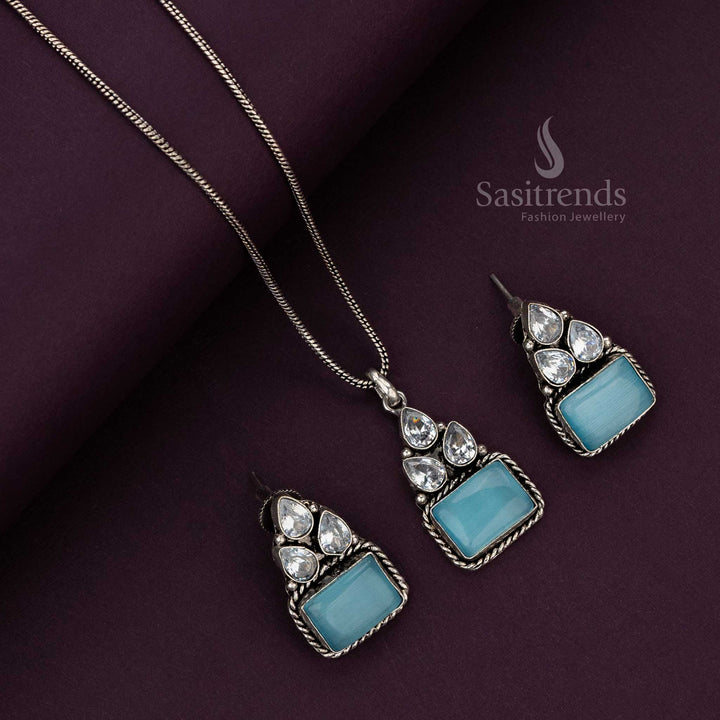 Oxidised pendant chain set with sky blue stones and diamond accents - Sasitrends