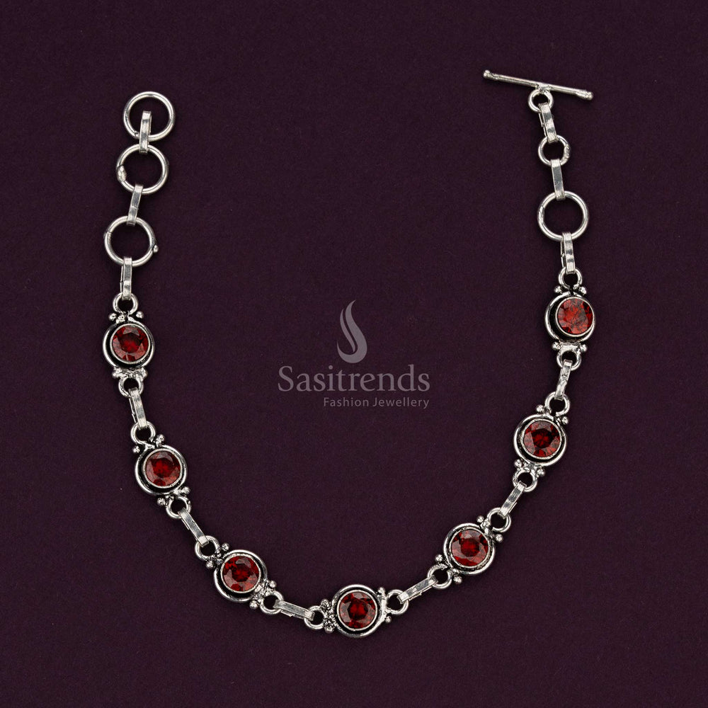 Oxidised bracelet with Maroon round stones and toggle closure design - Sasitrends