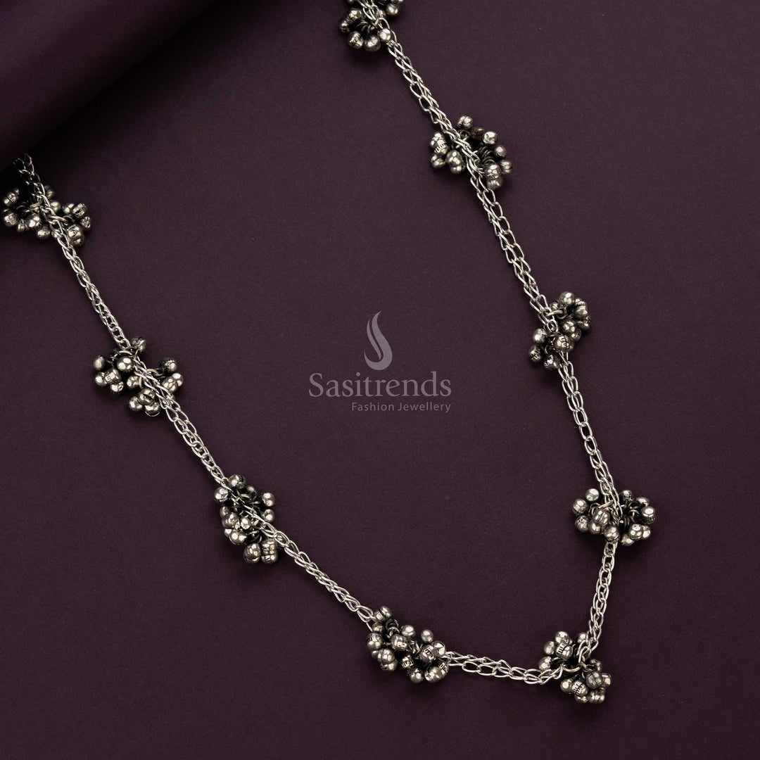 Boho tribal silver oxidised necklace with handcrafted ghungroo clusters - Sasitrends