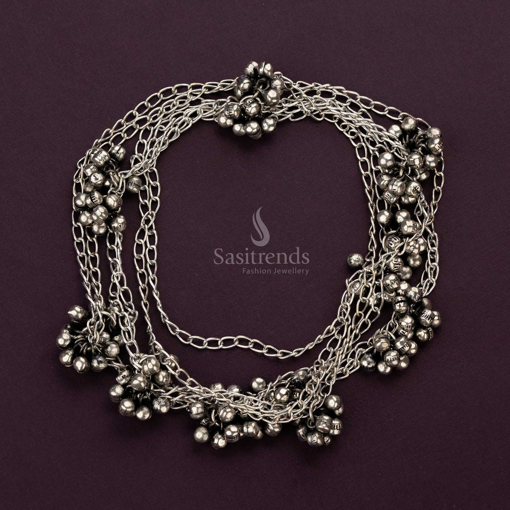 Silver oxidised necklace with boho tribal flair and ghungroo accents - Sasitrends