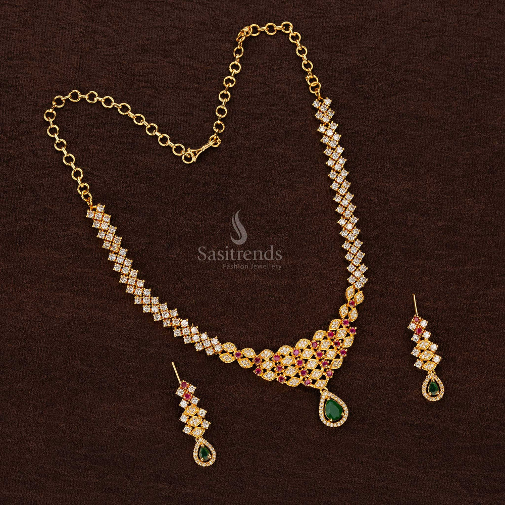 Micro gold-plated necklace with ruby, green, and white stones - Sasitrends