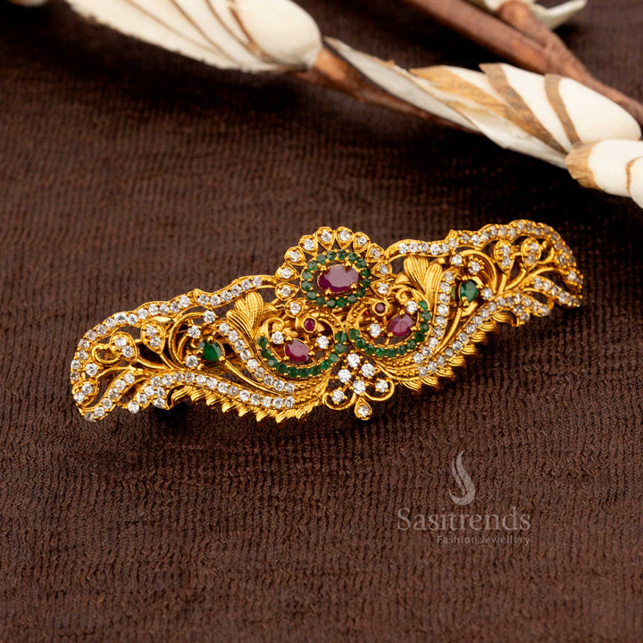 Majestic festive temple jewellery matte gold-plated peacock hair clip with multi-color oval AD stone accents, ideal for traditional and cultural celebrations - Sasitrends