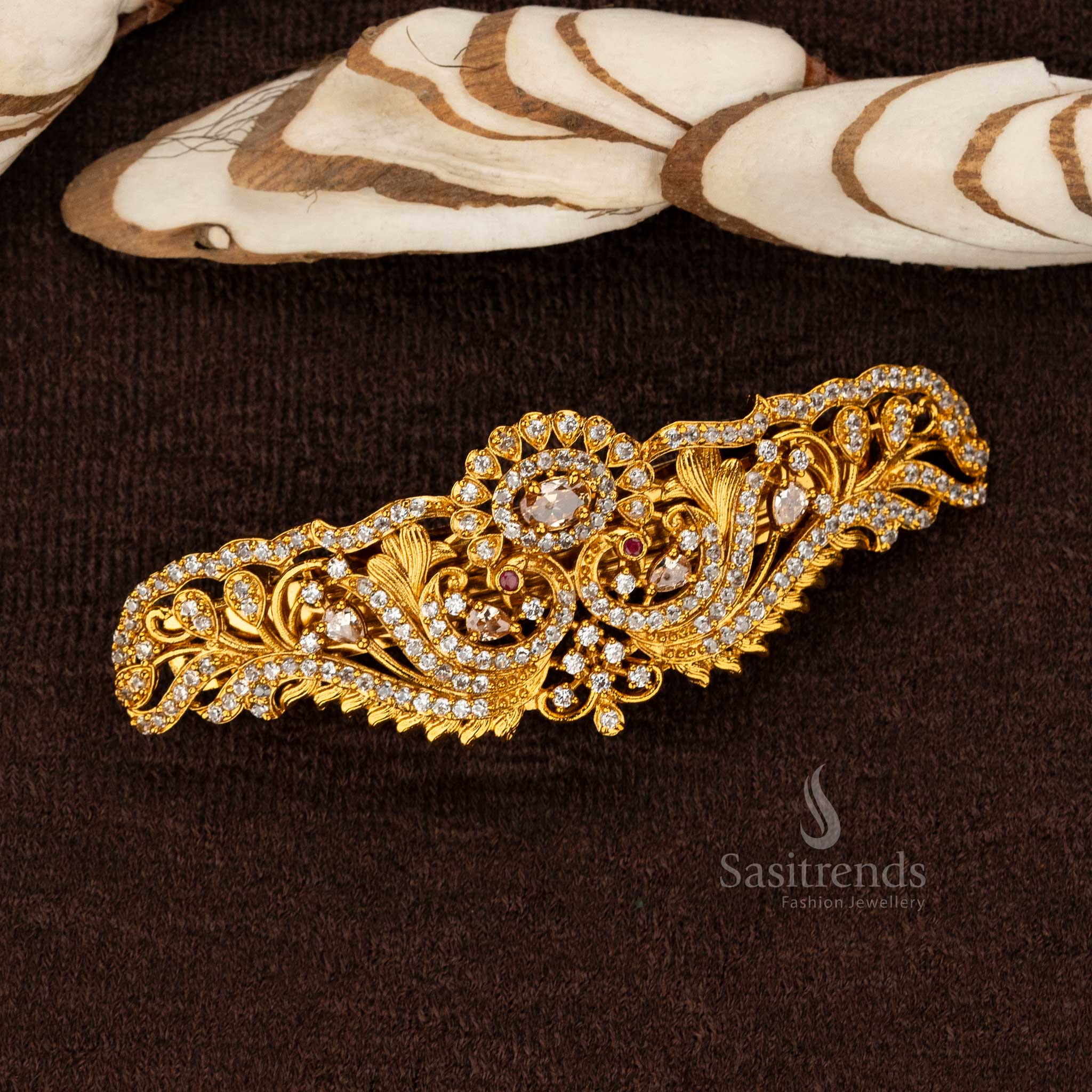 Premium temple matte gold plated peacock hair clip with oval AD stone - Sasitrends