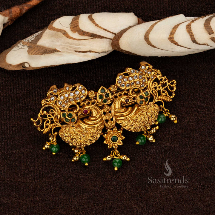 Peacock motif hair clip featuring AD stones and oval-shaped ruby stones - Sasitrends