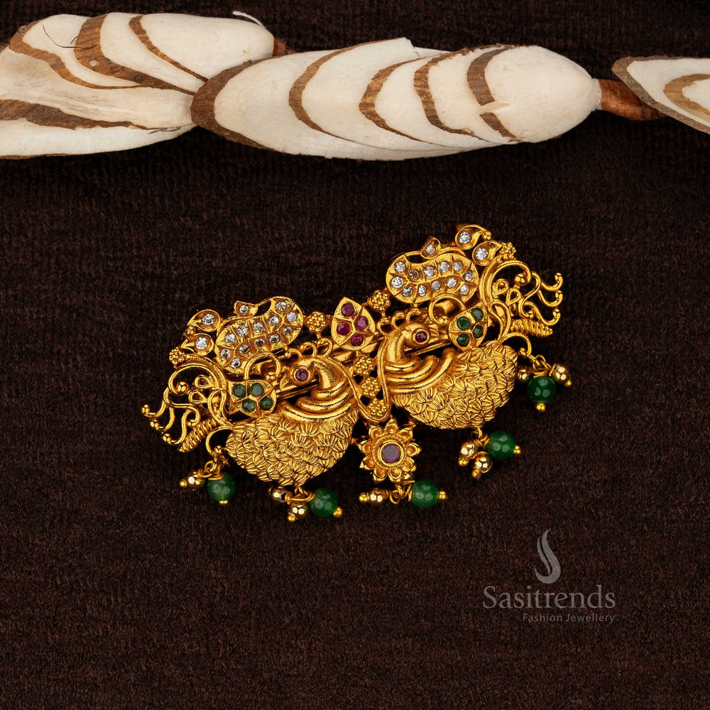 Exquisite brass hair clip with intricate floral patterns and green embellishments - Sasitrends